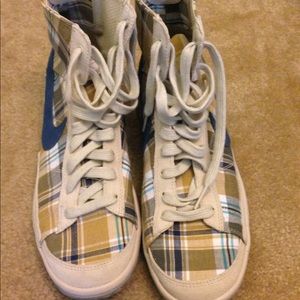 Plaid multi colored high top Nike shoes